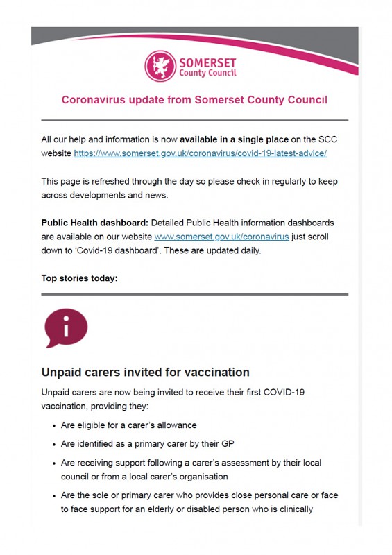 Coronavirus update from Somerset County Council 10th March 21