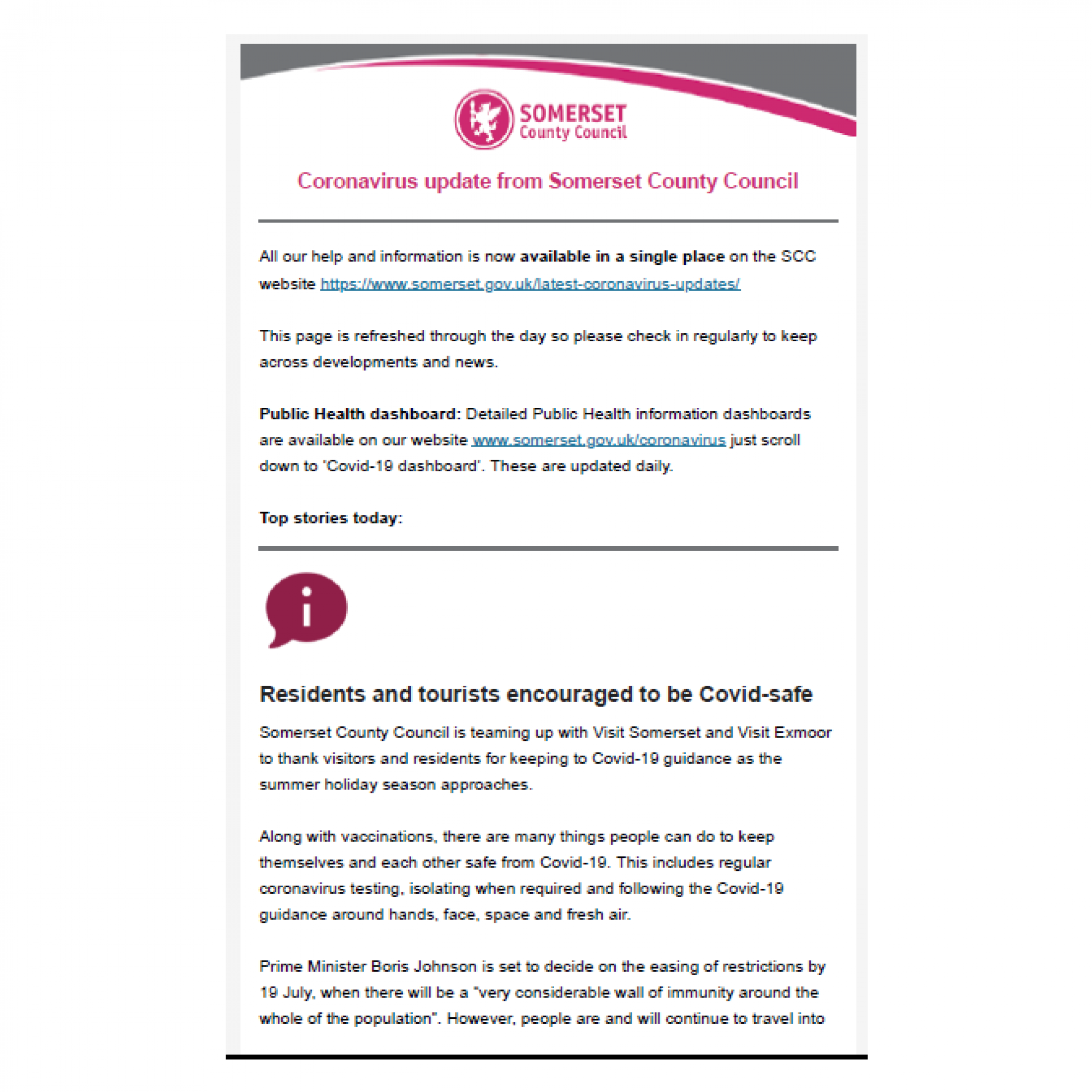 Coronavirus update from Somerset County Council 24th June