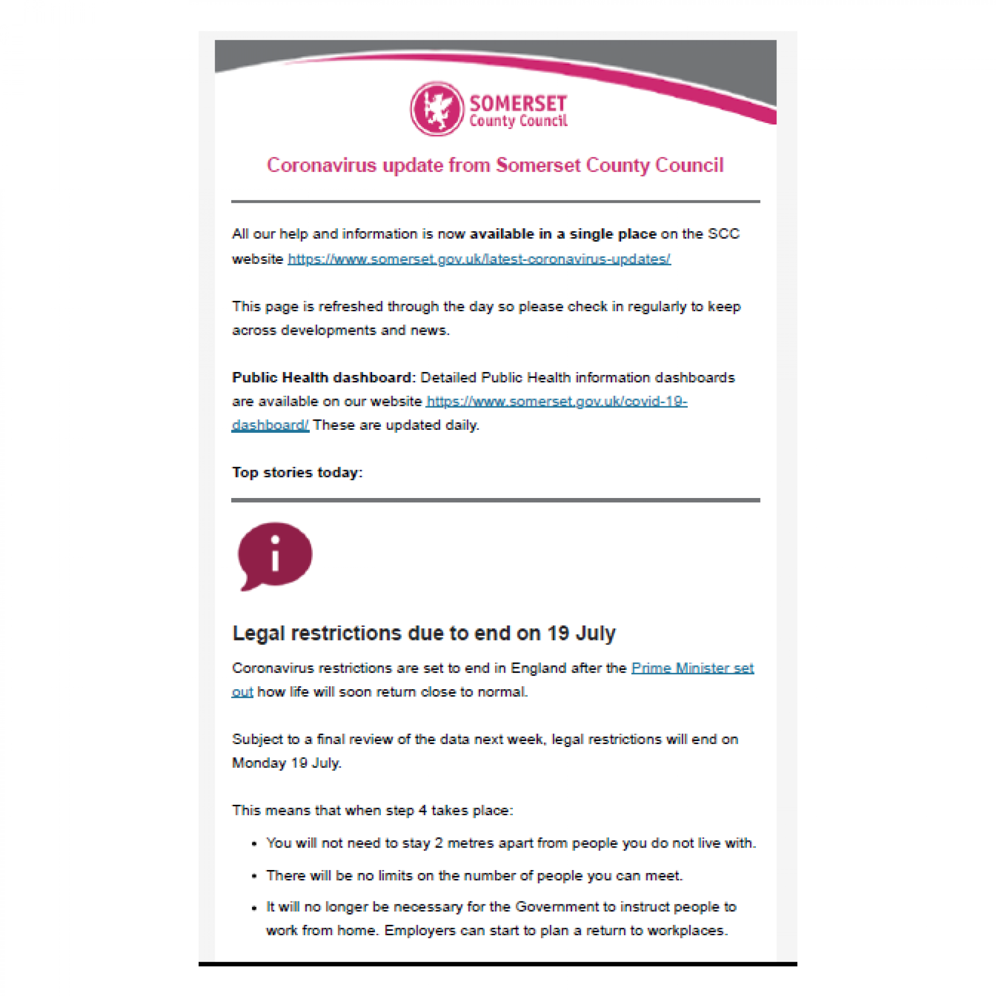Coronavirus update from Somerset County Council 7th July